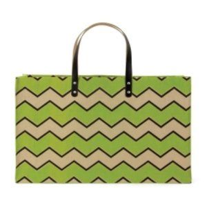 New Green Chevron Natural Jute Tote Bag with Leather Handle
